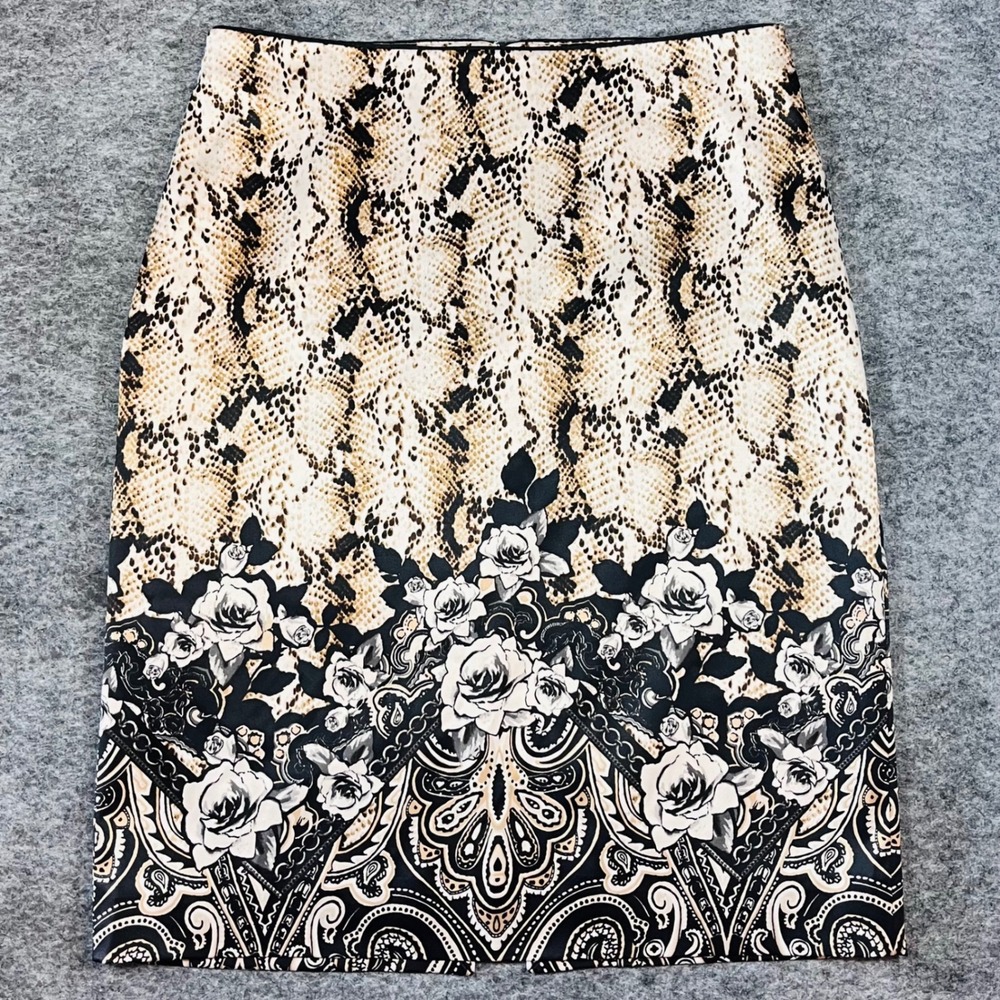 White House Black Market Pencil Skirt Womens 12 Tan Snakeskin Floral Office Chic